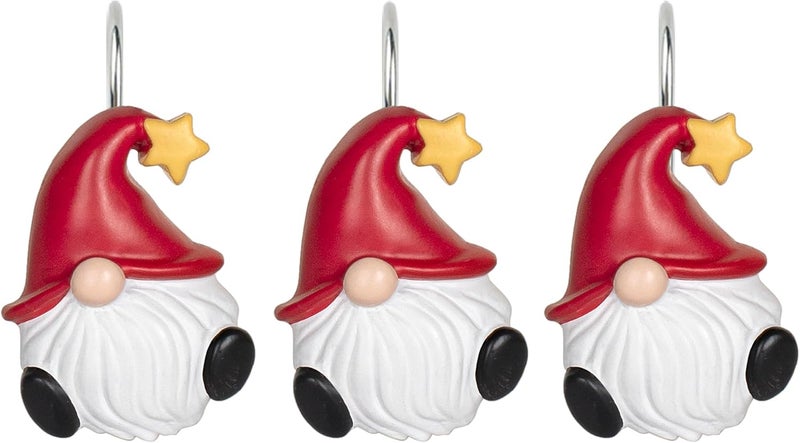 Sunlit Christmas Shower Curtain Hooks, Gnome Shower Curtain Rings, Hand Painted Resin Christmas Decor, Winter Bathroom Decoration, Red Hat with Yellow Star, Set of 12 - Image 2